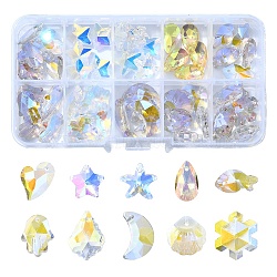 49Pcs 10 Style Electroplate Glass Charms, Faceted, Mixed Shapes, Clear AB, 13~22x9~17x5~9mm, Hole: 1.2~1.4mm(GLAA-YW0003-48)