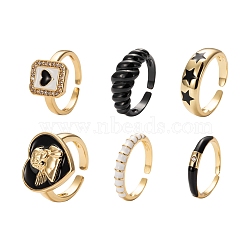6Pcs 6 Style Golden Brass Cuff Rings, Open Rings, Star & Textured & Heart & Rectangle & Bamboo Joint, White, Black, 1pc/style(RJEW-LS0001-04)