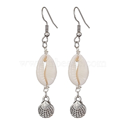 Natural Shell Dangle Earrings, Tibetan Style Alloy Long Drop Earrings with 304 Stainless Steel Pins, Shell Shape, 62.5x12mm(EJEW-JE05441-02)