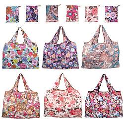6Pcs 6 Styles Foldable Eco-Friendly Nylon Grocery Bags, Reusable Waterproof Shopping Tote Bags, with Pouch and Bag Handle, Floral Pattern, 52.5x60x0.15cm, 1pc/style(ABAG-SZ0001-13B)