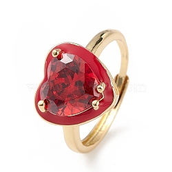 Cubic Zirconia Heart Adjustable with Enamel, Real 18K Gold Plated Brass Jewelry for Women, Lead Free & Cadmium Free, Red, Inner Diameter: 18mm(RJEW-L100-026G-01)