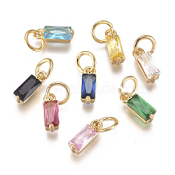 Brass Micro Pave Cubic Zirconia Charms, Birthstone Charms, Long-Lasting Plated, with Jump Ring, Real 18K Gold Plated, Rectangle, Mixed Color, 10x3x3mm, Hole: 3mm(X-ZIRC-F111-03G)