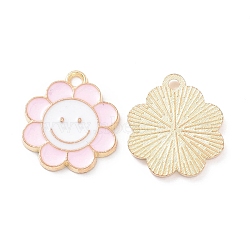 Alloy Enamel Pendants, Flower with Smiling Face Charm, Light Gold, Pink, 18.5x16x1.5mm, Hole: 1.8mm(X-PALLOY-D015-07A)