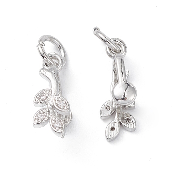 Rack Plating Brass Pave Cubic Zirconia Leaf Shape Ice Pick Pinch Bails, with Open Jump Rings, Cadmium Free & Lead Free, Long-Lasting Plated, Platinum, 16.5x5.5x7mm, Hole: 4mm, Pin: 0.8mm