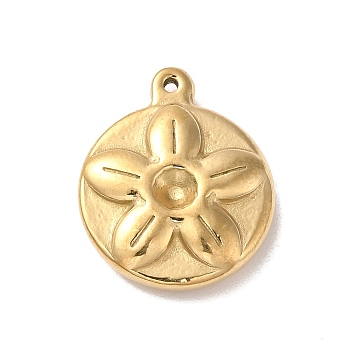 304 Stainless Steel Pendant Rhinestone Settings, Flat Round with Flower Charm, Real 14K Gold Plated, 19.5x16x4.5mm, Hole: 1mm, Fit for 3mm Rhinestone
