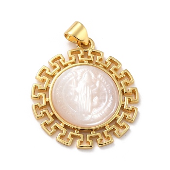 Eco-Friendly Brass Pendants, Long-Lasting Plated, with Natural Shell, Real 18K Gold Plated, Cadmium Free & Lead Free, Round with Jesus Pattern, Floral White, 26.5x23.5x2.5mm, Hole: 4.5x3.5mm
