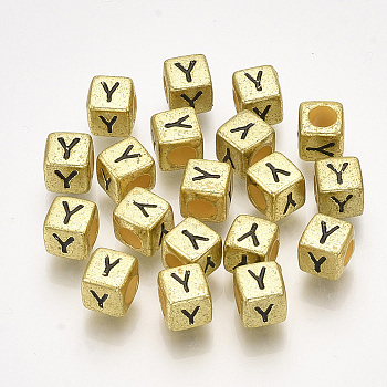 Acrylic Beads, Horizontal Hole, Metallic Plated, Cube with Letter.Y, 6x6x6mm, 2600pcs/500g