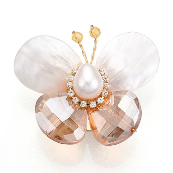 Natural Shell & Crystal Pave Cubic Zirconia Butterfly Brooches for Women, with Brass Pearl Pins, Real 14K Gold Plated, 32~38x36.5~40x16~17mm