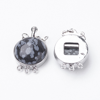 Natural Snowflake Obsidian Box Clasps, with Brass Finding, Flat Round, Platinum, 26.5x17.5x8~9mm, Hole: 1mm