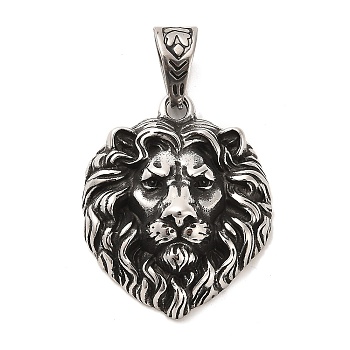 304 Stainless Steel Pendants, Lion Charms, Antique Silver, 37.5x30x12.5mm, Hole: 11x7mm