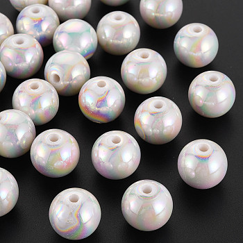 Opaque Acrylic Beads, AB Color Plated, Round, White, 16x15mm, Hole: 2.8mm