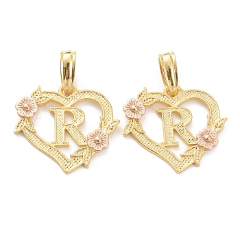 Real 18K Gold Plated Brass  Pendants, Heart with Alphabet, Letter.R, 18x20x3mm, Hole: 6.5x3mm