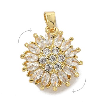 Brass Micro Pave Clear Cubic Zirconia Pendants, Rotatable, Flower, Golden, 16.5x14x7mm, Hole: 5x2mm