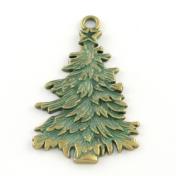 Christmas Tree Zinc Alloy Big Pendants, Cadmium Free & Nickel Free & Lead Free, Antique Bronze & Green Patina, 68x42x2mm, Hole: 4mm