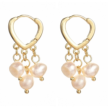 Natural Freshwater Pearl Hoop Earrings for Women, 304 Stainless Steel Dangle Earrings, with Brass Findings, White, 30mm, Pin: 1mm