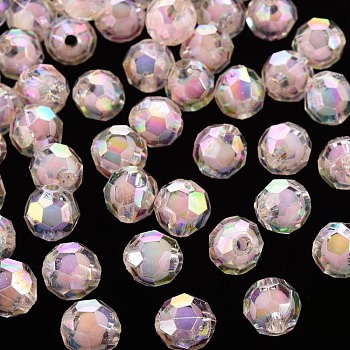 Transparent Acrylic Beads, Bead in Bead, AB Color, Faceted, Round, Pink, 9.5x9.5mm, Hole: 2mm