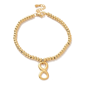 Vacuum Plating 304 Stainless Steel Infinity Charm Bracelet with 201 Stainless Steel Round Beads for Women, Golden, 8-3/4 inch(22.3cm)