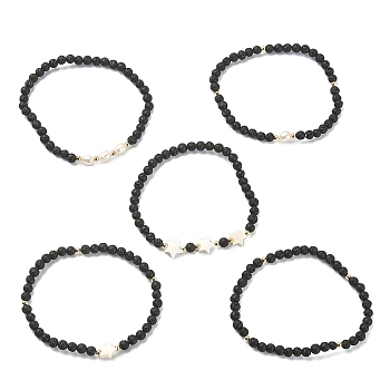 5Pcs 5 Style Natural Lava Rock & Pearl & Shell Star Beaded Stretch Bracelets Set, Inner Diameter: 1-3/4~1-3/4 inch(4.3~4.5cm), 1Pcs/style