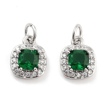 Brass with Cubic Zirconia  Pendants, with Jump Ring, Oval, Green, Platinum, 11x9x4mm, Hole: 3.4mm