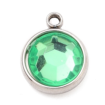 304 Stainless Steel Charms, with Acrylic Rhinestone, Birthstone Charms, Faceted, Flat Round, Stainless Steel Color, Lt.Emerald, 12x10x4.4mm, Hole: 1.3mm