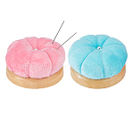 2Pcs 2 Colors Velvet Needle Pin Cushions, Wood Base Needle Pin Cushions, Half Round with Pumpkin Shape, Mixed Color, 69.5~70.5x38.5mm, 1pc/color(TOOL-FH0001-77)