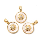Natural Shell & Clear Cubic Zirconia Charms, Brass Flat Round with Star Pattern, Real 18K Gold Plated, 14x12.5x5mm, Hole: 5x3.5mm(KK-G553-16G)