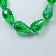 Electroplate Glass Beads Strands, Pearl Luster Plated, Faceted, Drop, Green, 15x10mm, Hole: 1.5mm, about 44~48pcs/strand, 25.20~28.35 inch(EGLA-R008-15x10mm-3)