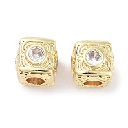 Brass Micro Pave Cubic Zirconia Beads, Cube, Real 18K Gold Plated, Clear, 7.5x7.5x7.5mm, Hole: 3mm(KK-C051-28G-03)