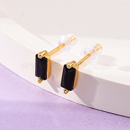 Cubic Zirconia Rectangle Stud Earrings, Golden 925 Sterling Silver Post Earrings, with 925 Stamp, Black, 7.8x3mm(FU7889-13)