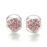 Alloy European Beads, Large Hole Beads, with Rhinestone, Heart, Platinum, Light Rose, 10.5x9x10mm, Hole: 4.5mm(X-MPDL-S066-009)