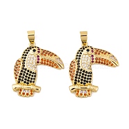 Brass Micro Pave Cubic Zirconia Pendants, Real 18K Gold Plated Bird/Toucan Charms, Colorful, 34.5x29.5x4mm, Hole: 7.5x4.5mm(KK-E108-35G)