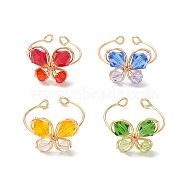 4Pcs 4 Colors Butterfly Glass Finger Rings, Copper Wire Wrapped Open Cuff Ring for Women, Mixed Color, Butterfly: 23x13.5mm, Adjustable, 1pc/color(RJEW-TA00146)