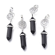 Natural Black Onyx Pointed Big Pendants, Double Terminated Pointed, with Platinum Plated Brass Findings, Faceted, Bullet, 59~67x14~15mm, Hole: 7x5mm, Gemstone: 41~44x8mm(G-D0021-01P-18)