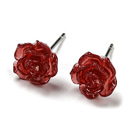 Resin Rose Flower Stud Earrings with 316 Stainless Steel Pins, Dark Red, 7.5~8x7.5~8mm(EJEW-D070-01A)