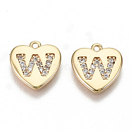 Brass Micro Pave Clear Cubic Zirconia Charms, Nickel Free, Real 18K Gold Plated, Flat Heart, Letter.W, 10x10x1mm, Hole: 1mm(KK-N231-234W-NF)