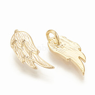 Brass Charms, Wing, Nickel Free, Real 18K Gold Plated, 12x5x1mm, Hole: 1mm(KK-T020-114G)