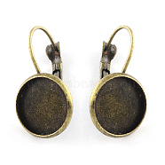 Brass Leverback Earring Findings, with Flat Round Tray, Antique Bronze, Tray: 12mm, 27x14mm, Pin: 1mm(KK-Q581-13AB)