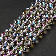 Transparent Electroplate Glass Beads Strands, Rainbow Plated, Round, Purple, 8x7mm, Hole: 1.2mm, about 50~52pcs/strand, 36.8~39cm(EGLA-I015-01C)