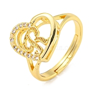 Heart with Letter Rack Plating Brass Micro Pave Cubic Zirconia Adjustable Rings for Women, Lead Free & Cadmium Free, Real 18K Gold Plated, Letter R, Inner Diameter: 16mm(RJEW-I105-06G-R)