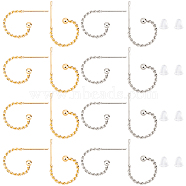 DICOSMETIC 40Pcs 2 Color 304 Stainless Steel Stud Earrings, Half Hoop Earrings, Twist Ring, with 50Pcs Plastic Ear Nuts, Golden & Stainless Steel Color, 12.5x18.5x1.2mm, Pin: 0.7mm, 20pcs/color(STAS-DC0006-13)