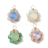 Natural & Synthetic Mixed Gemstone Faceted Flower Pendants, Golden Plated Copper Wire Wrapped Glass Charms, Mixed Dyed and Undyed, 17~18x12.5~13.5x6~6.5mm, Hole: 2~2.8mm(PALLOY-JF02157)