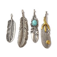 Tibetan Style Alloy Pendant Set, with Synthetic Turquoise, Cadmium Free & Lead Free, Feather, Antique Silver & Antique Golden, 48x13x1.3mm, Hole: 7~7.2x4~4.57mm, 4cs/set(FIND-A038-38AS)