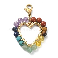 Wire Wrapped Chakra Gemstone Heart Pendant Decorations, with 304 Stainless Steel Lobster Claw Clasps, 44x29x4.8mm(HJEW-TA00043)