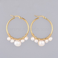 Hoop Earrings, with Natural Pearl, Copper Wire, 304 Stainless Steel Hoop Earrings and Cardboard Boxes, White, Golden, 44.5x33.5mm, Pin: 1.5mm(EJEW-JE03659)