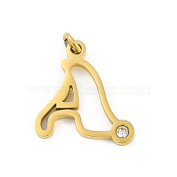 304 Stainless Steel Pendants, with Cubic Zirconia, Letter Charms with Jump Rings, Real 18K Gold Plated, Letter A, 19x18.5x2mm, Hole: 3mm(STAS-R137-01G-A)