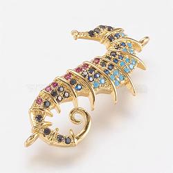 Brass Micro Pave Cubic Zirconia Links, Sea Horse, Real 18K Gold Plated, 30x15x3mm, Hole: 1mm(ZIRC-G103-10G)