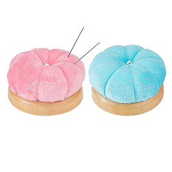 2Pcs 2 Colors Velvet Needle Pin Cushions, Wood Base Needle Pin Cushions, Half Round with Pumpkin Shape, Mixed Color, 69.5~70.5x38.5mm, 1pc/color(TOOL-FH0001-77)