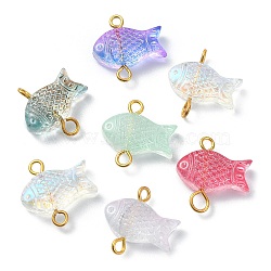Spray Painted Transparent Glass Connector Charms, Fish Links with Golden Plated 304 Stainless Steel Double Loops, Mixed Color, 15.5x15.5x5mm, Hole: 1.6mm(PALLOY-JF02118)