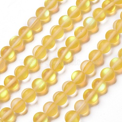 Synthetic Moonstone Beads Strands, Holographic Beads, Half AB Color Plated, Frosted, Round, Yellow, 8mm, Hole: 1mm, about 46pcs/strand, 15 inch(G-F142-8mm-10)