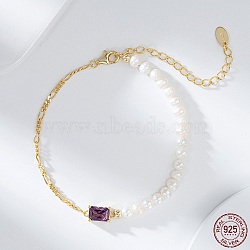 Natural Freshwater Pearls Beaded Bracelets with Cubic Zirconia Rectangle Link, 925 Sterling Silver Figaro Chains Bracelets for Women, with S925 Stamp, Dark Violet, 6-1/4 inch(16cm)(BJEW-I314-139)